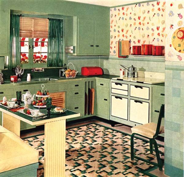 mobila verde de bucătărie retro